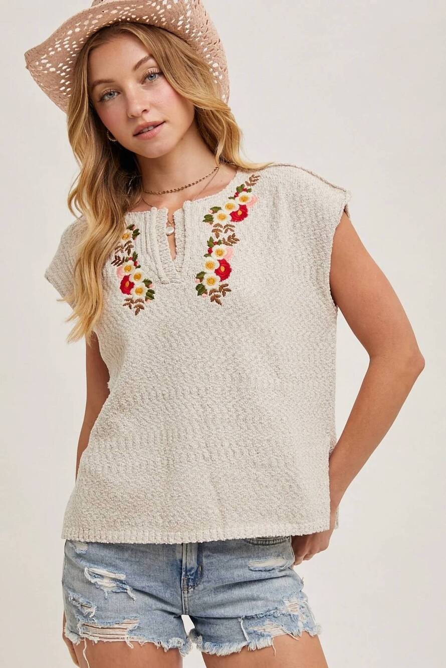NEW BLUIVY embroidered notch neck knit top in ecru